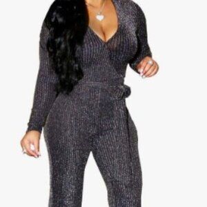 LightlyKiss Casual Sexy V Neck Sparkly Jumpsuit